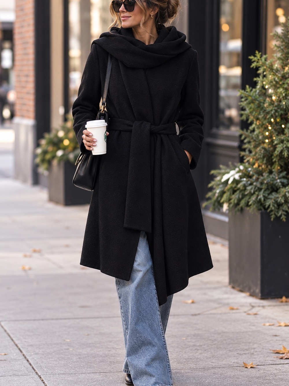 🖤MAKE OFFER🖤 Cole Haan Black Wool Attached Scarf Belted Winter Jacket Coat 8